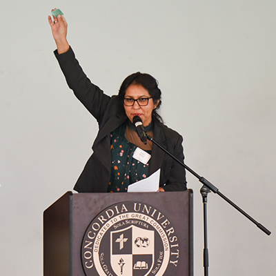 2017 Latina Leadership Conference Banner and crowd outside Grimm Hall